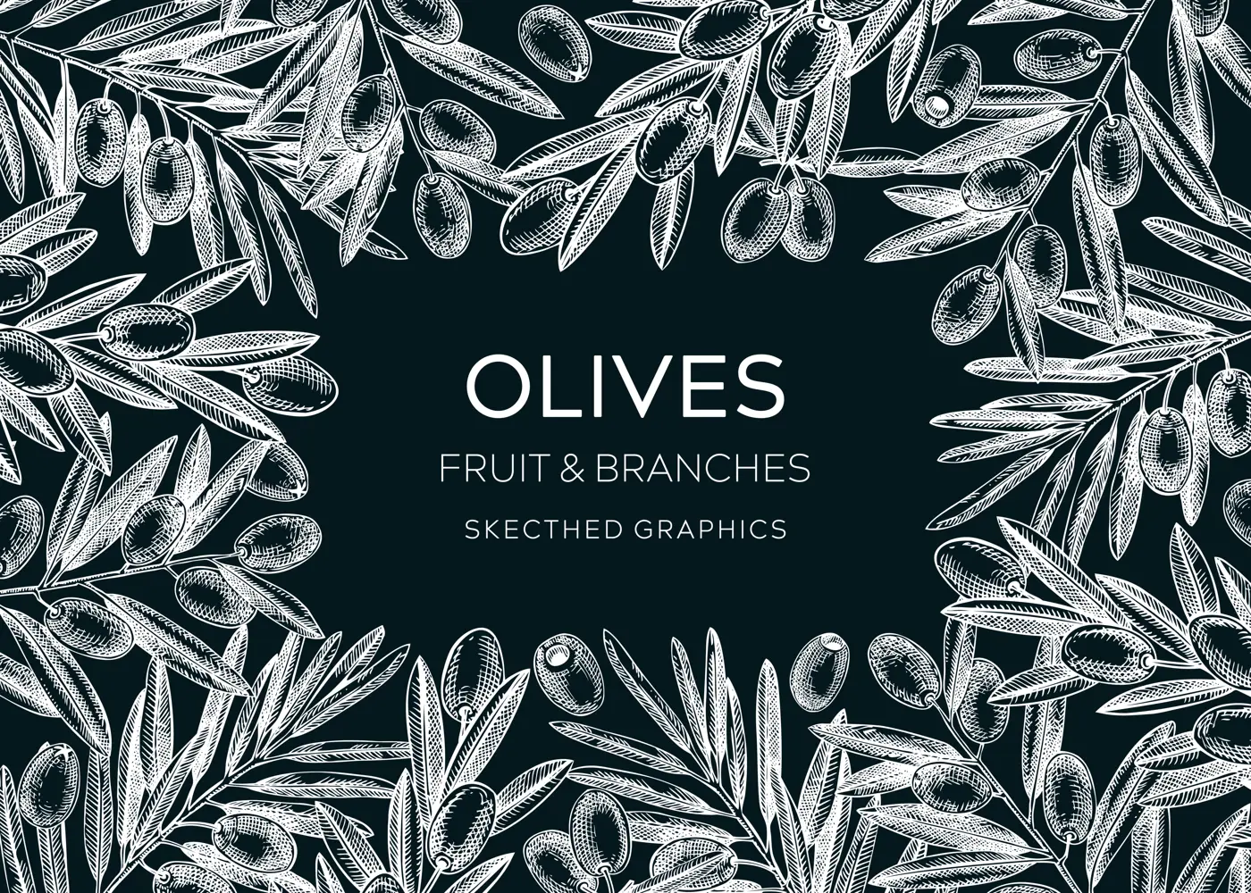 Olive tree branches vintage frame design. Hand drawn fruit and leaves background on chalkboard. Vegetable oil ingredients banner template for print. Olive plant in sketch style Illustration